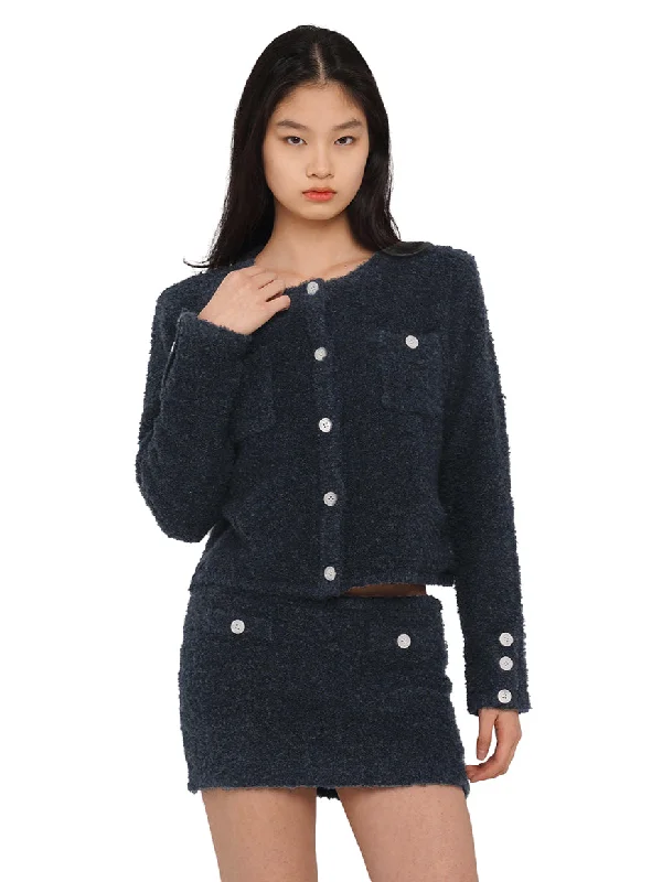 Navy Contrasting Buttons Knit Cardigan & Skirt Set chiffon skirt lightweight