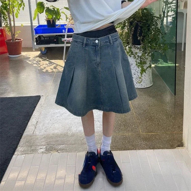 Streetwear Denim Skirt for Women High Waist A-line Jupe Fashion Casual Faldas Mujer Korean Y2K Mini Skirts lace skirt feminine