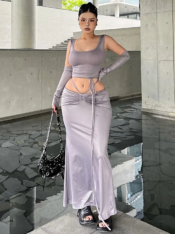 SYNEZ Solid Color Metallic Slim Cropped Top + Drawstring Tie Up Fishtail Long Skirt Matching Set high waist skirt