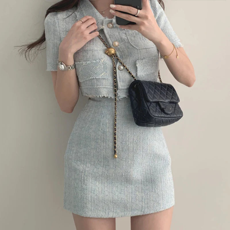 Women Summer Two 2 Piece Set Korean Style Elegant Single Breasted Tassel Short Sleeve Tops and High Waist Bodycon Mini Skirt cashmere skirt soft